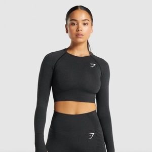 Gym Shark, cropped long sleeve dark+light grey patterned workout top, Size:M